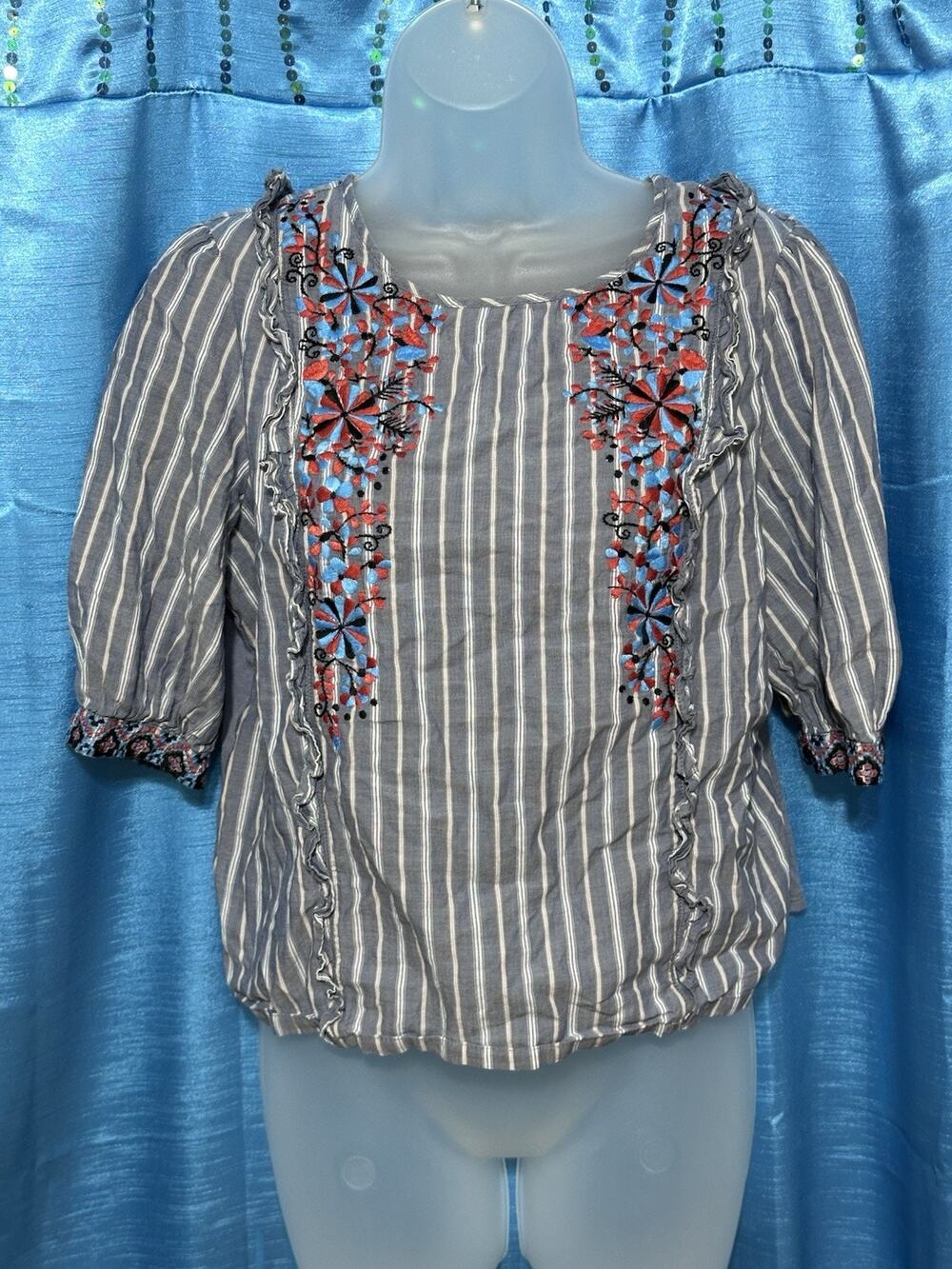 Anthropologie One September Women's Blue Stripe Embroidered Ruffled Top Size S